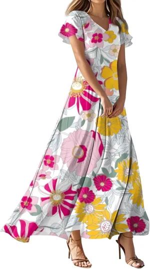Women's Summer Floral Maxi Dress Flowy V Neck Short Sleeve Long Dresses Trendy A Line Vacation Beach Dress 2025