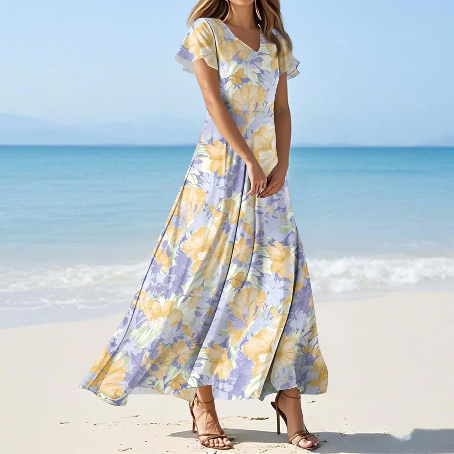 Women's Summer Floral Maxi Dress Flowy V Neck Short Sleeve Long Dresses Trendy A Line Vacation Beach Dress 2025