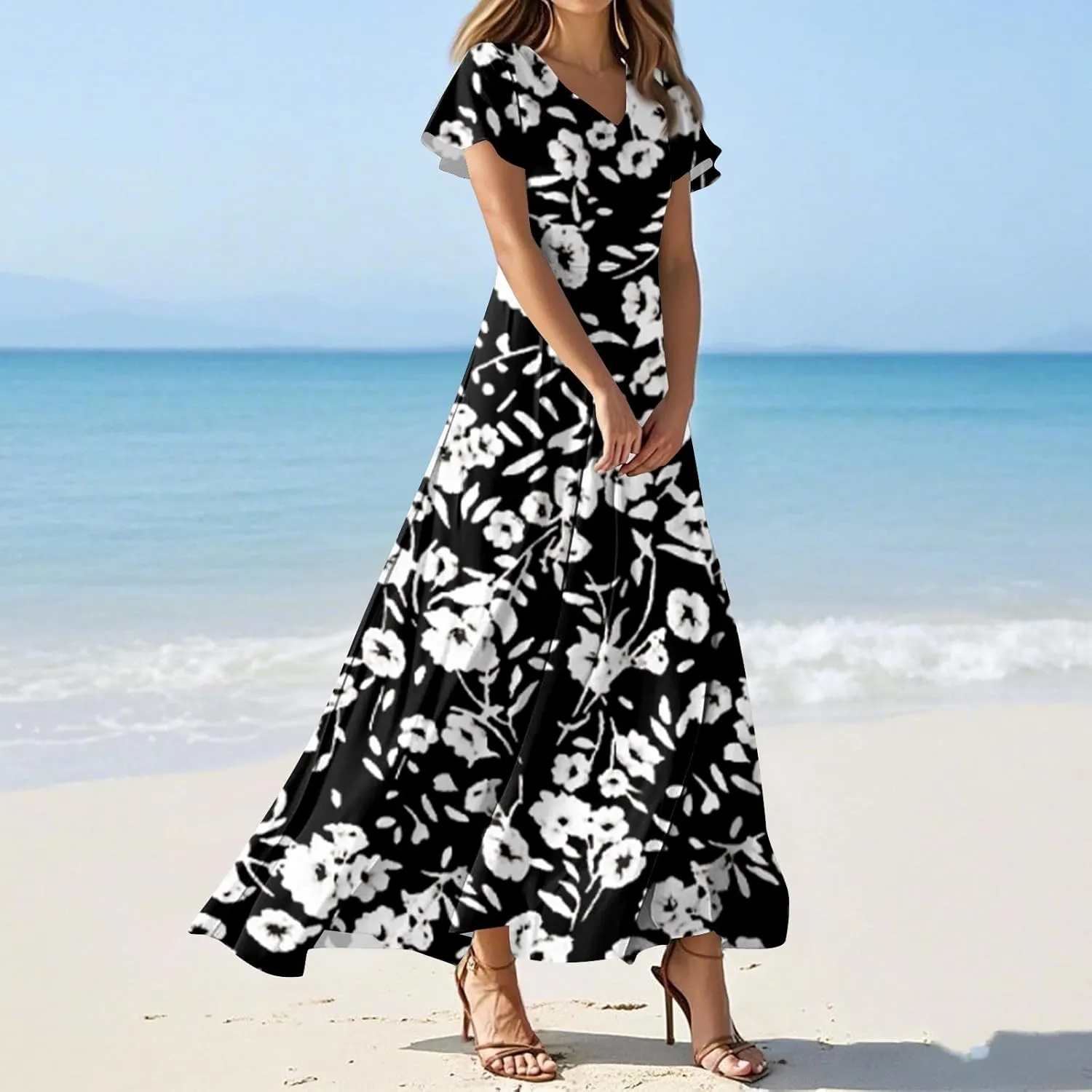 Women's Summer Floral Maxi Dress Flowy V Neck Short Sleeve Long Dresses Trendy A Line Vacation Beach Dress 2025