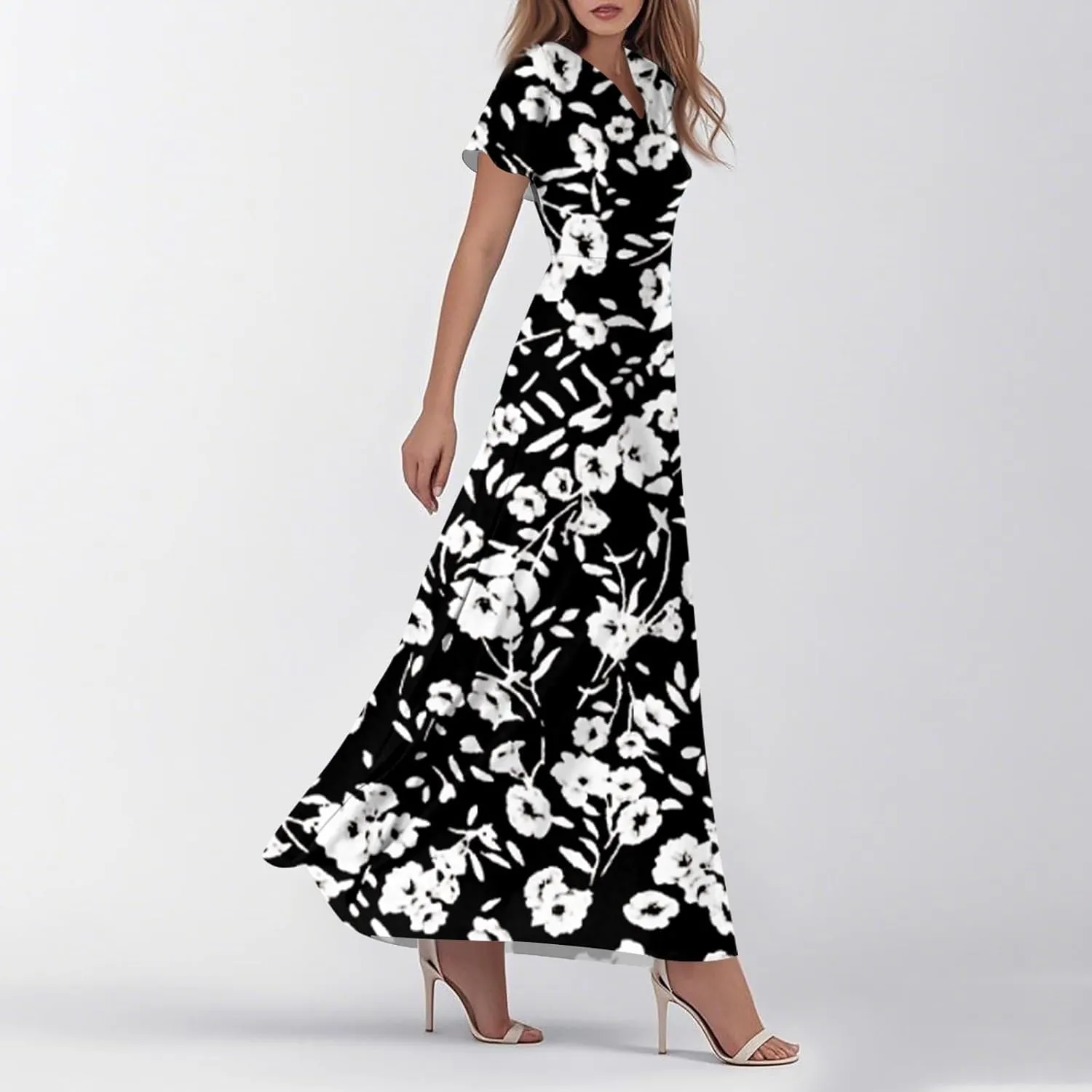 Women's Summer Floral Maxi Dress Flowy V Neck Short Sleeve Long Dresses Trendy A Line Vacation Beach Dress 2025