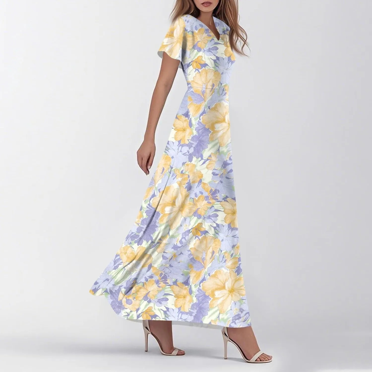 Women's Summer Floral Maxi Dress Flowy V Neck Short Sleeve Long Dresses Trendy A Line Vacation Beach Dress 2025