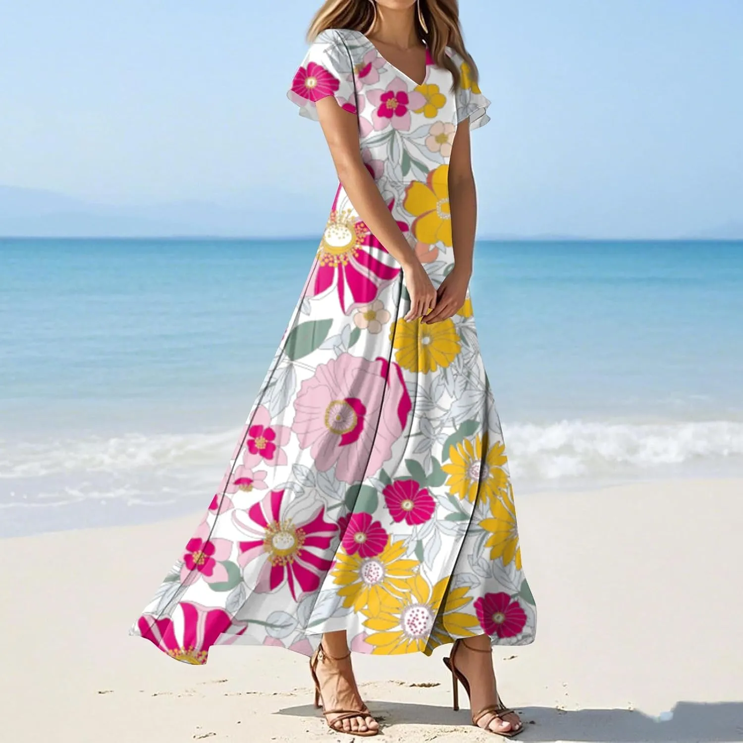 Women's Summer Floral Maxi Dress Flowy V Neck Short Sleeve Long Dresses Trendy A Line Vacation Beach Dress 2025
