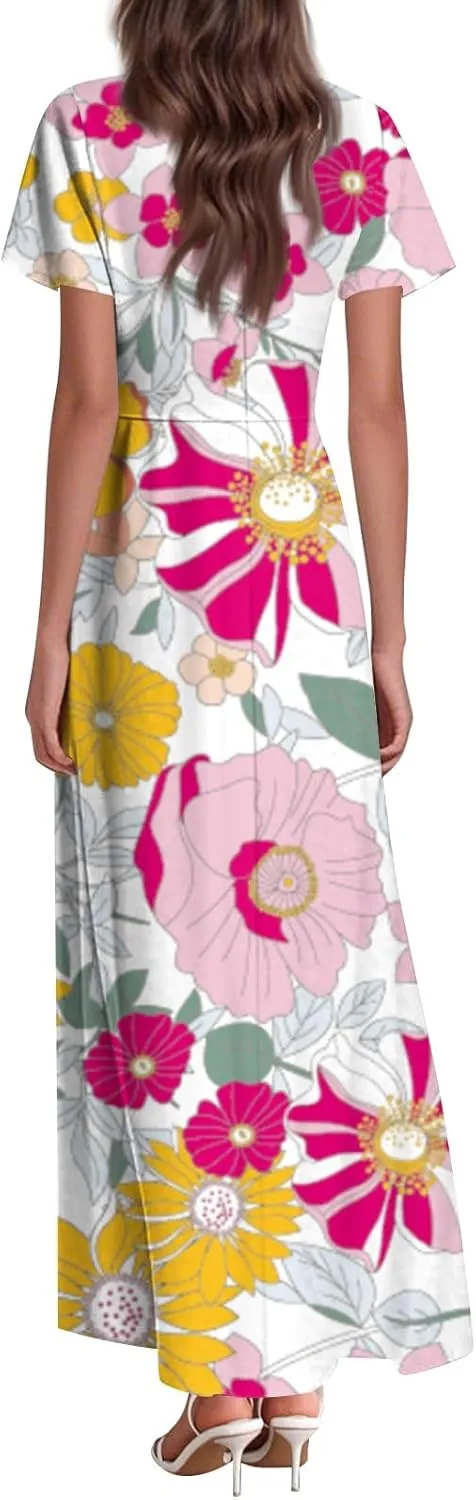 Women's Summer Floral Maxi Dress Flowy V Neck Short Sleeve Long Dresses Trendy A Line Vacation Beach Dress 2025