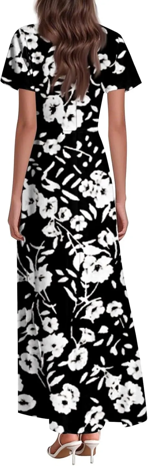 Women's Summer Floral Maxi Dress Flowy V Neck Short Sleeve Long Dresses Trendy A Line Vacation Beach Dress 2025