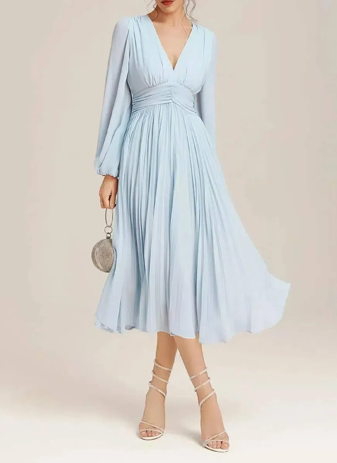 Women's Summer Romance Elegant Light Blue V Neck Puff Long Sleeve Ruffle Waist Flowy Wedding Party Midi Dress