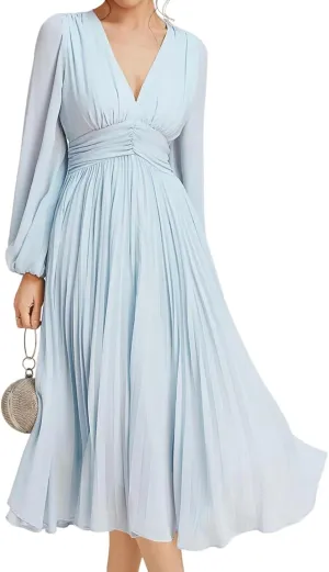 Women's Summer Romance Elegant Light Blue V Neck Puff Long Sleeve Ruffle Waist Flowy Wedding Party Midi Dress