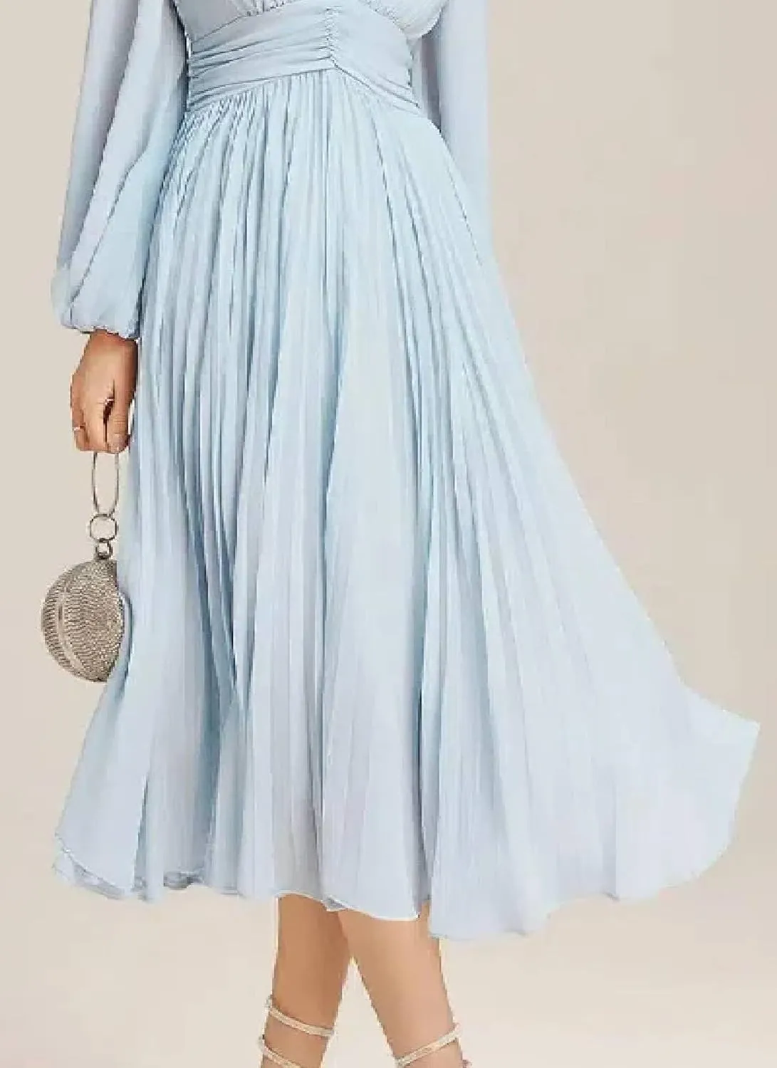 Women's Summer Romance Elegant Light Blue V Neck Puff Long Sleeve Ruffle Waist Flowy Wedding Party Midi Dress