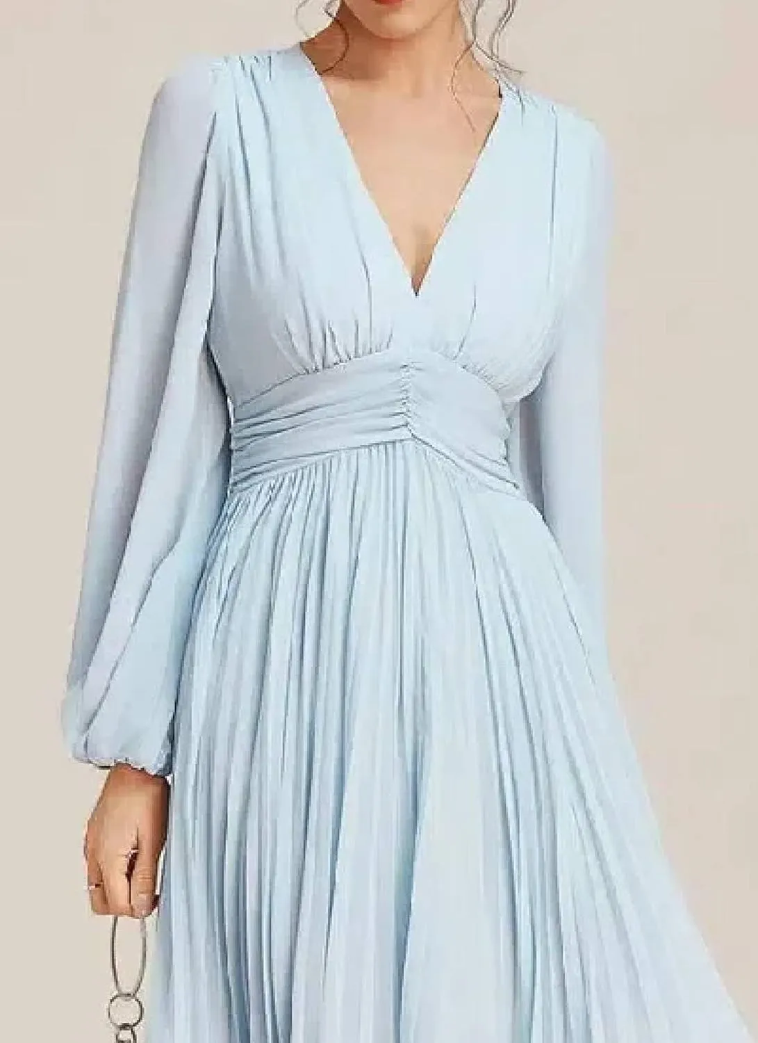 Women's Summer Romance Elegant Light Blue V Neck Puff Long Sleeve Ruffle Waist Flowy Wedding Party Midi Dress
