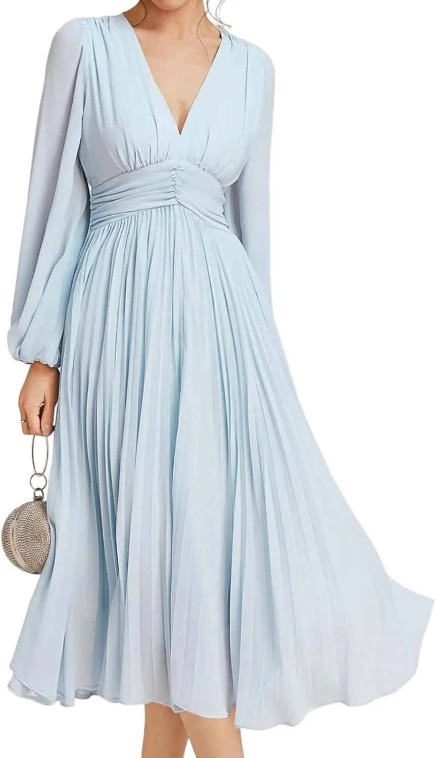 Women's Summer Romance Elegant Light Blue V Neck Puff Long Sleeve Ruffle Waist Flowy Wedding Party Midi Dress