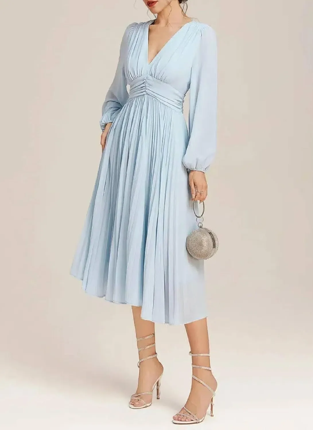 Women's Summer Romance Elegant Light Blue V Neck Puff Long Sleeve Ruffle Waist Flowy Wedding Party Midi Dress