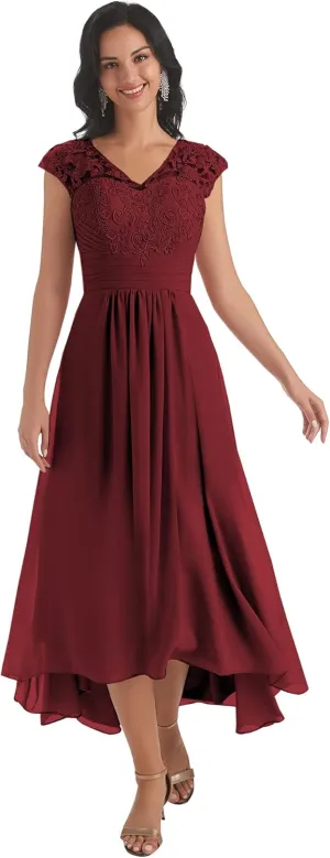 Women's V Neck Mother of The Bride Dresses for Wedding Cap Sleeves Lace A-Line Formal Gown with Pockets