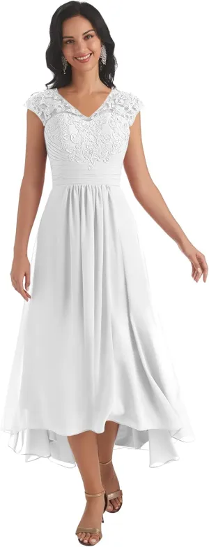 Women's V Neck Mother of The Bride Dresses for Wedding Cap Sleeves Lace A-Line Formal Gown with Pockets