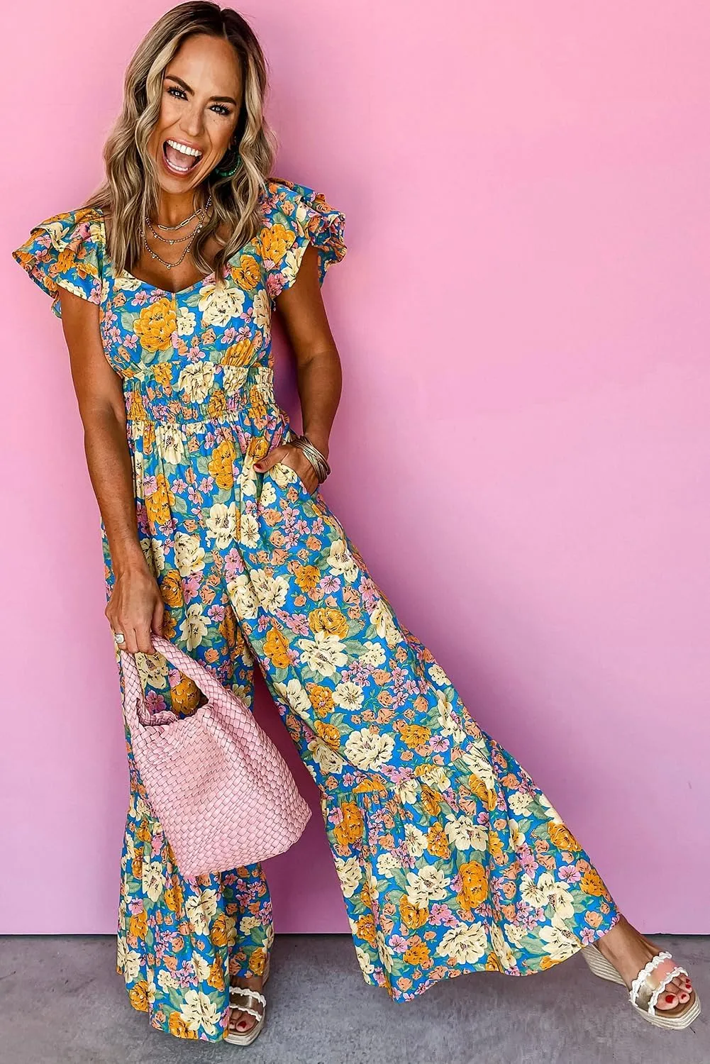Women's Yellow Floral Allover Print Shirred Cut Out High Waist Jumpsuit with Ruffled Sleeves