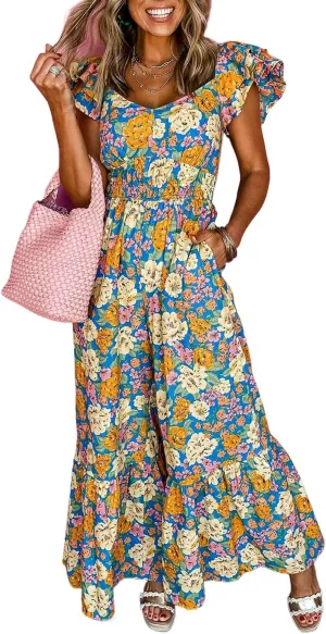 Women's Yellow Floral Allover Print Shirred Cut Out High Waist Jumpsuit with Ruffled Sleeves