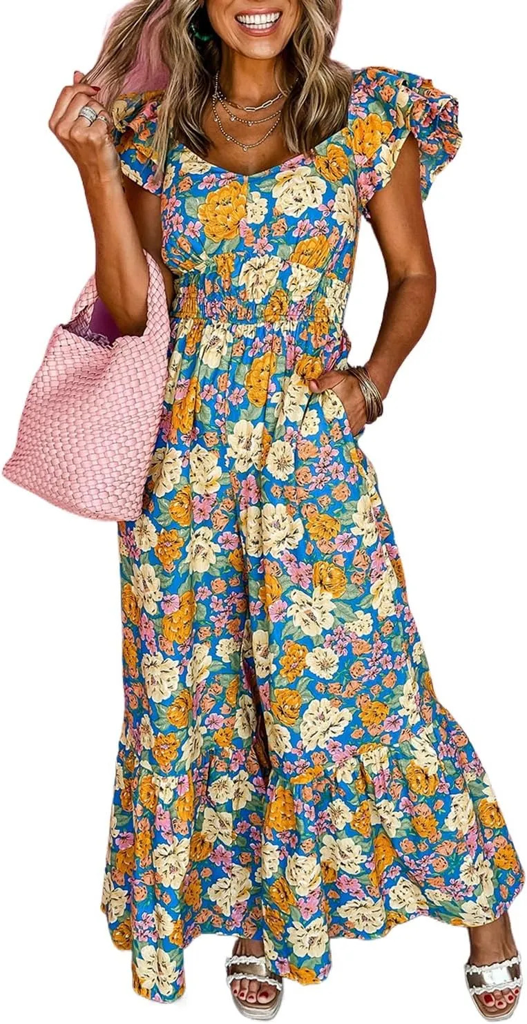 Women's Yellow Floral Allover Print Shirred Cut Out High Waist Jumpsuit with Ruffled Sleeves