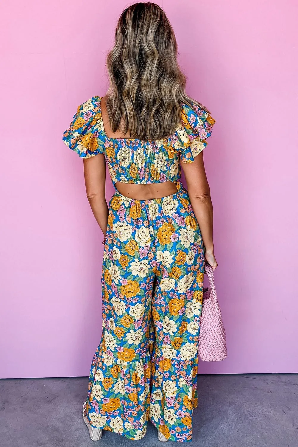 Women's Yellow Floral Allover Print Shirred Cut Out High Waist Jumpsuit with Ruffled Sleeves