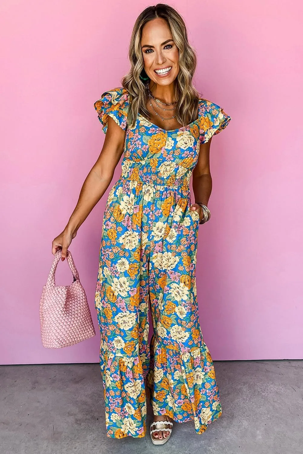 Women's Yellow Floral Allover Print Shirred Cut Out High Waist Jumpsuit with Ruffled Sleeves