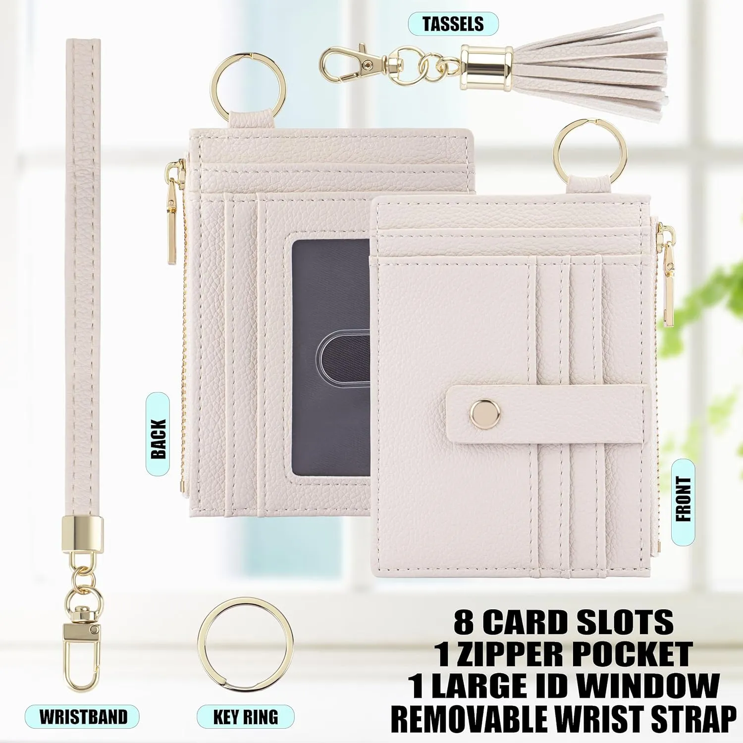 Wristlet Keychain Wallet for Women Slim Rfid Blocking Credit Card Holder Wristlet Zip Id Case Wallet Small Compact Leather Wallet Coin Purse for Women (Beige)