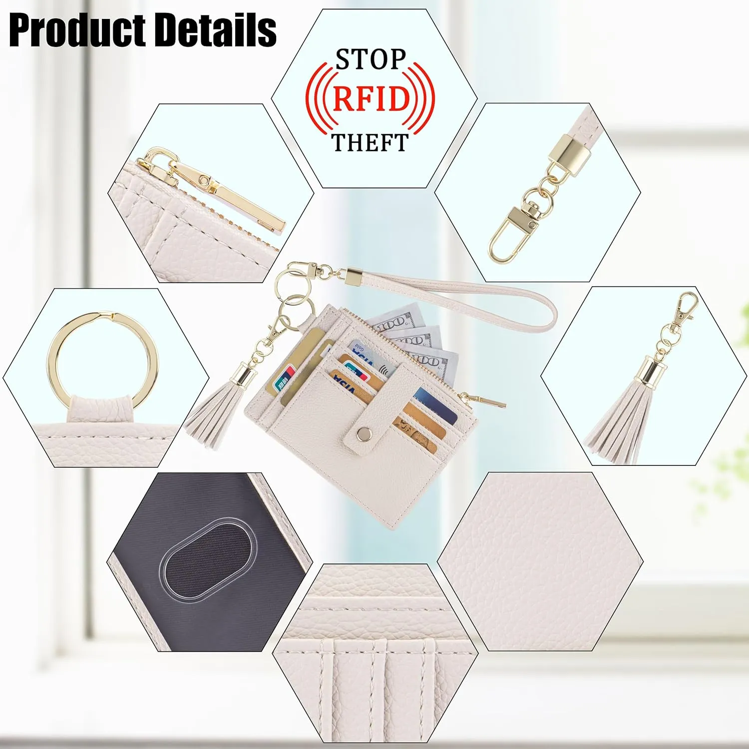 Wristlet Keychain Wallet for Women Slim Rfid Blocking Credit Card Holder Wristlet Zip Id Case Wallet Small Compact Leather Wallet Coin Purse for Women (Beige)
