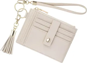 Wristlet Keychain Wallet for Women Slim Rfid Blocking Credit Card Holder Wristlet Zip Id Case Wallet Small Compact Leather Wallet Coin Purse for Women (Beige)