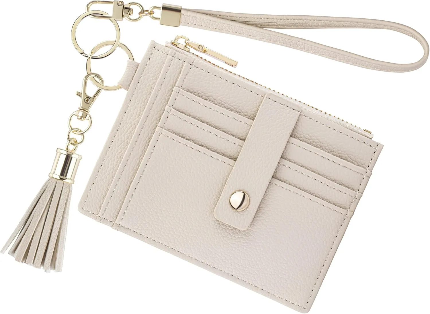 Wristlet Keychain Wallet for Women Slim Rfid Blocking Credit Card Holder Wristlet Zip Id Case Wallet Small Compact Leather Wallet Coin Purse for Women (Beige)