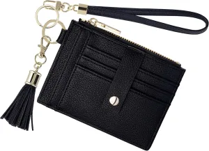 Wristlet Keychain Wallet for Women Slim Rfid Blocking Credit Card Holder Wristlet Zip Id Case Wallet Small Compact Leather Wallet Coin Purse for Women (Black)