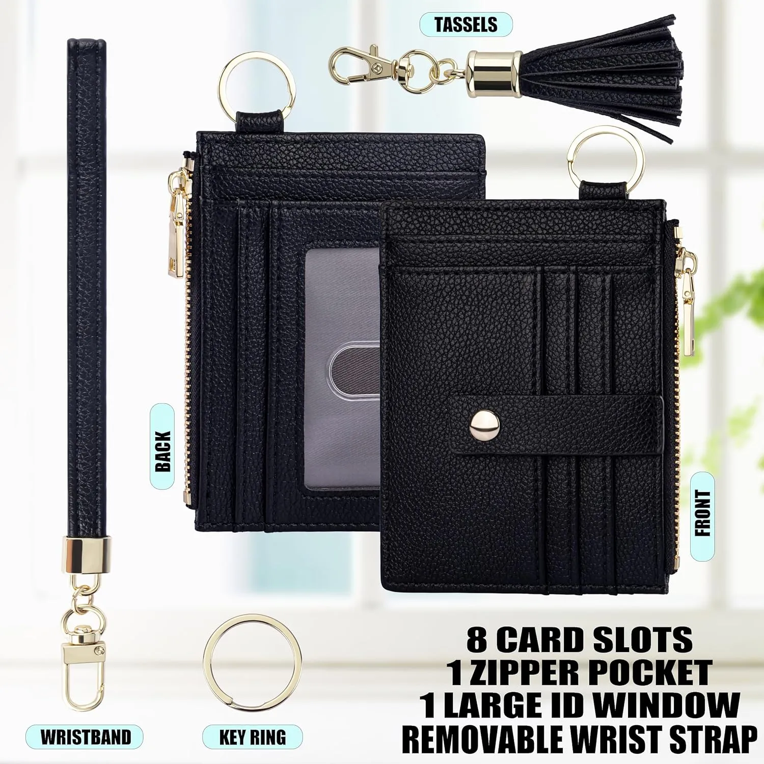 Wristlet Keychain Wallet for Women Slim Rfid Blocking Credit Card Holder Wristlet Zip Id Case Wallet Small Compact Leather Wallet Coin Purse for Women (Black)
