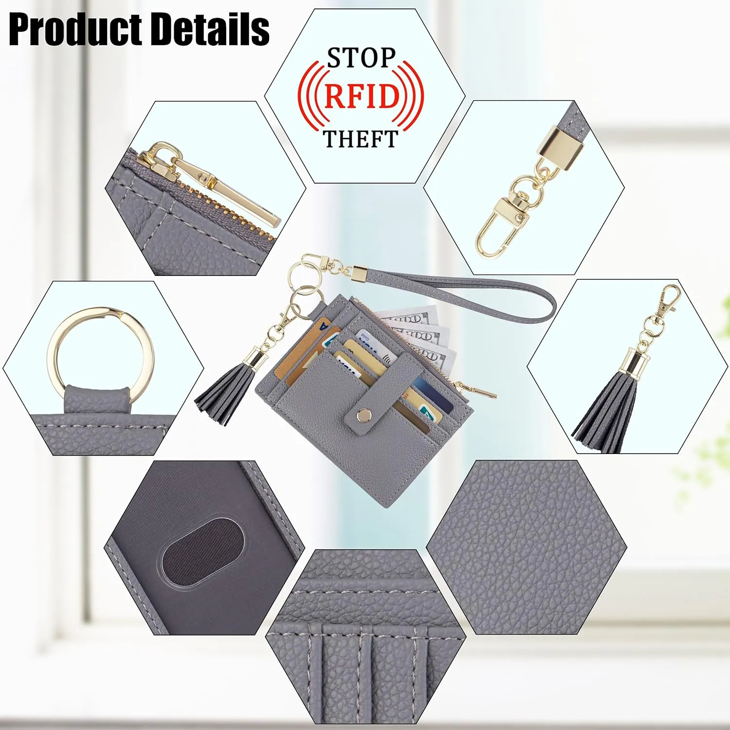 Wristlet Keychain Wallet for Women Slim Rfid Blocking Credit Card Holder Wristlet Zip Id Case Wallet Small Compact Leather Wallet Coin Purse for Women (Gray)