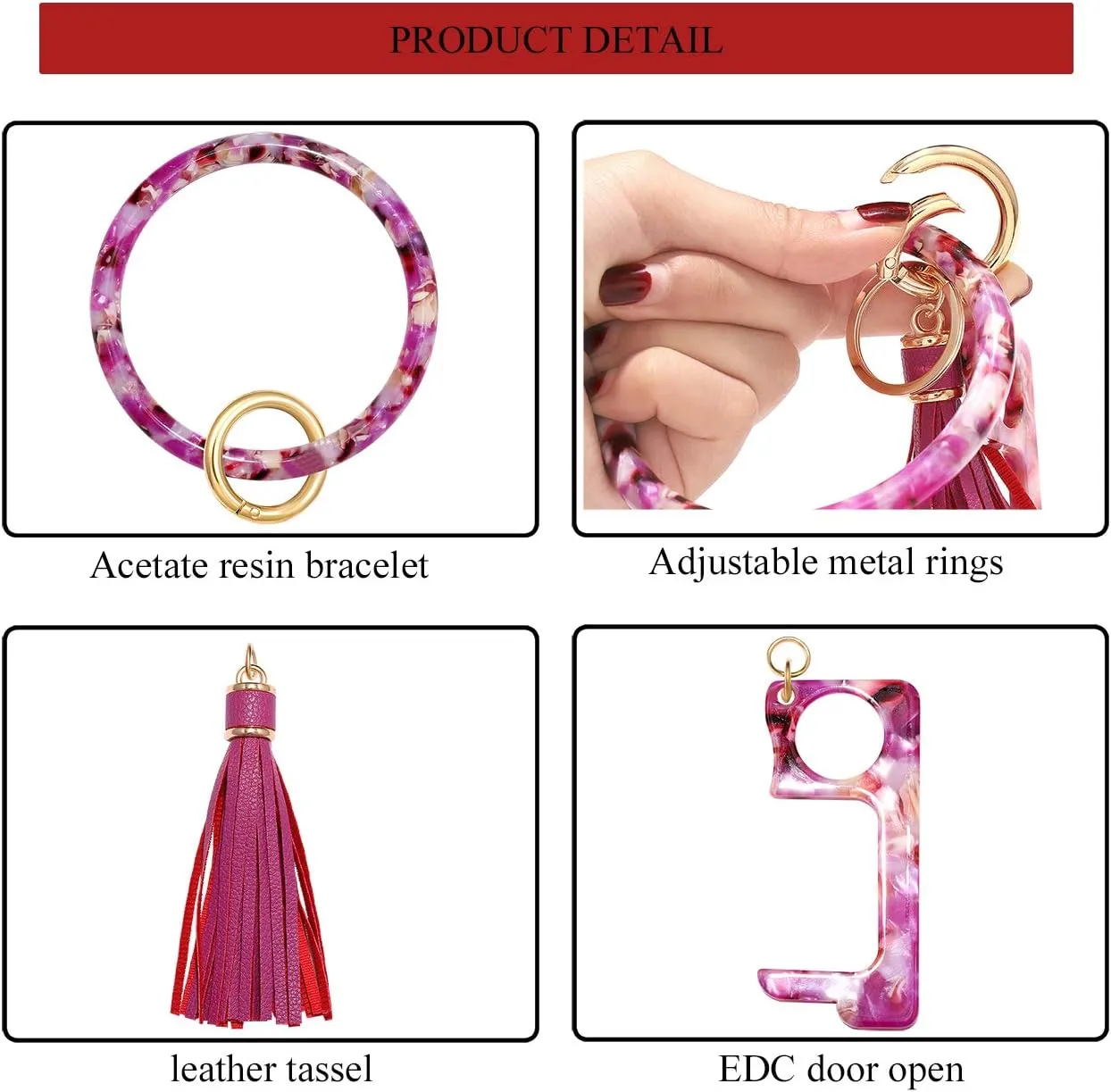 YAHPERN Key Ring Bracelet Wrist Keychain Bracelet Acetate Resin Keychain Wristlet Car Keychain For Women
