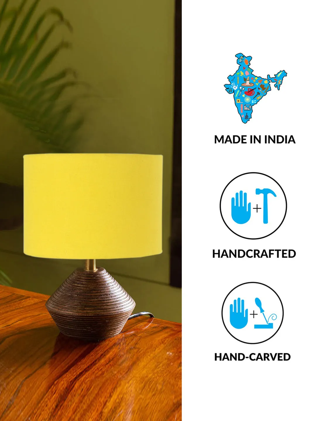 Yellow Cotton Table Lamp With Wood Natural Base | 7X12 Inches