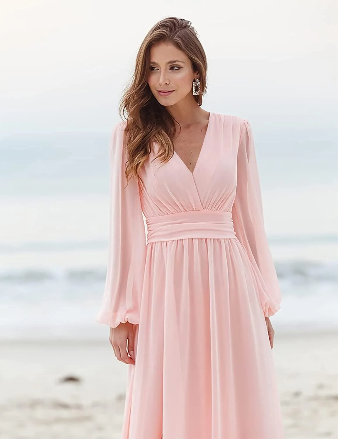 YRGERATON Long Sleeve Wedding Bridesmaid Dresses V-Neck Pleated Chiffon Formal Evening Prom Gown with Slit J133