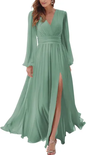 YRGERATON Long Sleeve Wedding Bridesmaid Dresses V-Neck Pleated Chiffon Formal Evening Prom Gown with Slit J133
