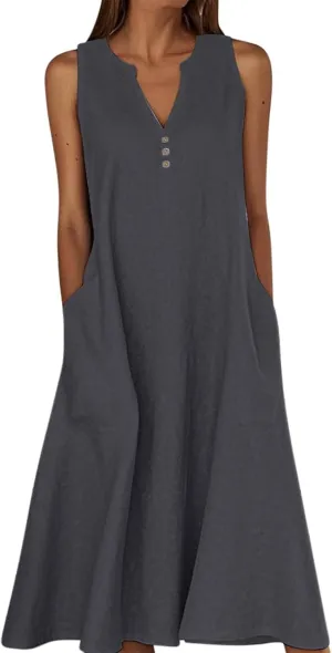 ZDRZK Summer Dresses for Women 2025 Casual Sleeveless Cotton Linen Sundresses Flowy Beach Vacation Dress with Pockets