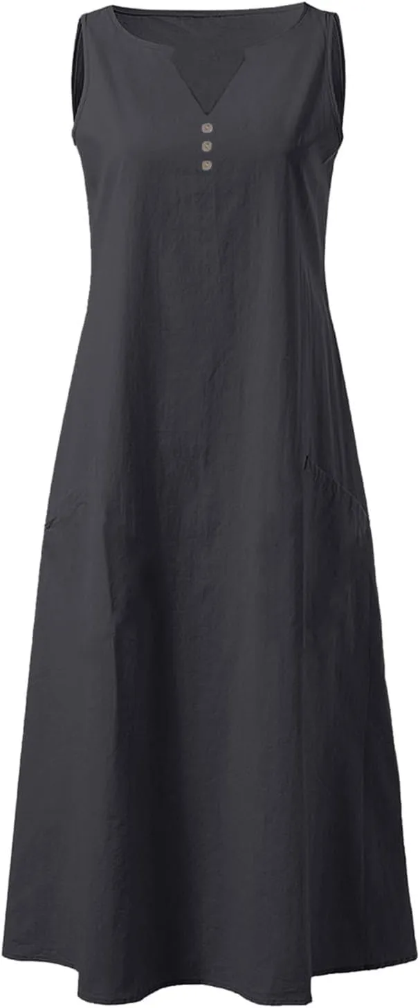 ZDRZK Summer Dresses for Women 2025 Casual Sleeveless Cotton Linen Sundresses Flowy Beach Vacation Dress with Pockets