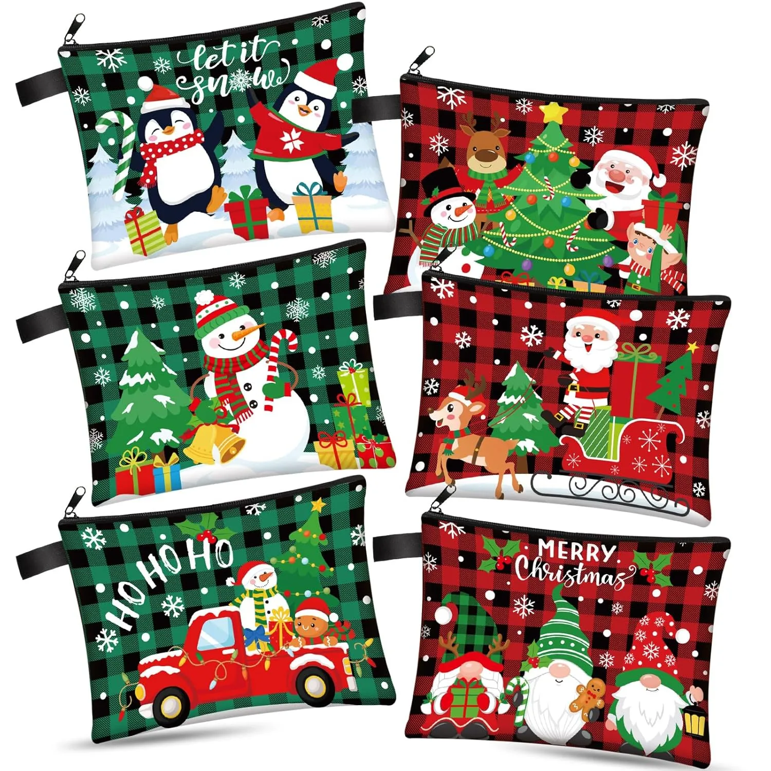 Zonon 6 Pcs Christmas Canvas Makeup Bags Small Cosmetic Bag Set with Zipper Portable, Cute Buffalo Plaid Style Pouch, Pencil Case Set Bulk for Women Student Holiday Travel Xmas Party Gifts Supplies